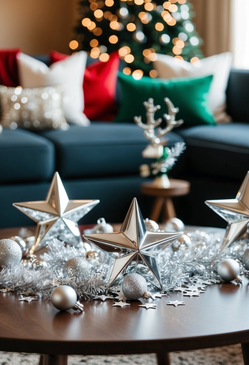 A festive coffee table adorned with silver star table scatter and other Christmas decor