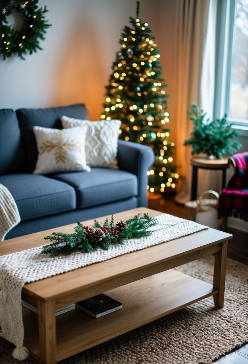 A cozy living room with a festive coffee table adorned with a knitted table runner, surrounded by twinkling lights and holiday greenery