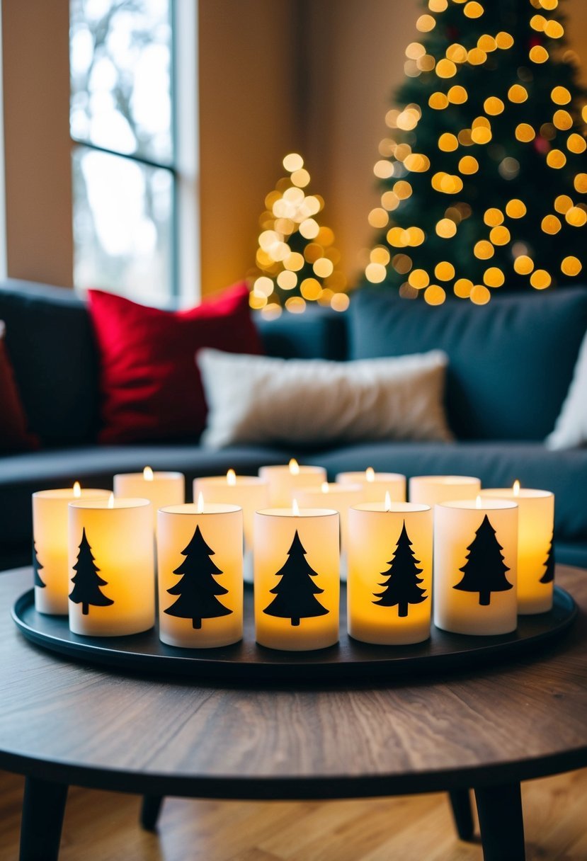 A coffee table adorned with 50 silhouette candle covers for Christmas