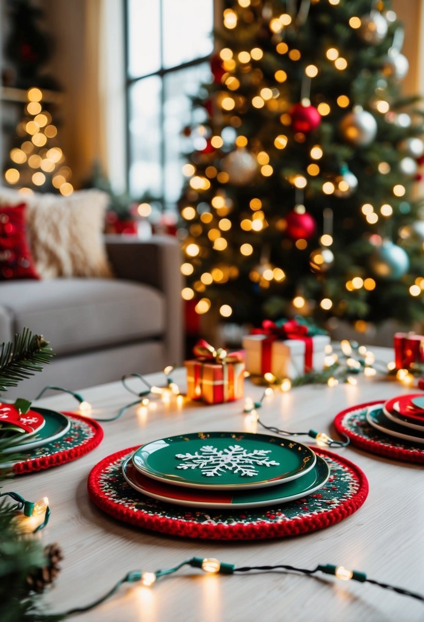 A cozy living room table adorned with a festive holiday coaster set, surrounded by twinkling lights and scattered with Christmas decor