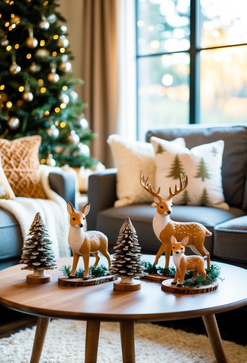 A cozy coffee table adorned with woodland animal figurines, adding a festive touch to the holiday decor