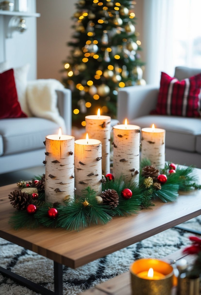 Birch wood candleholders arranged on a festive coffee table with Christmas decor