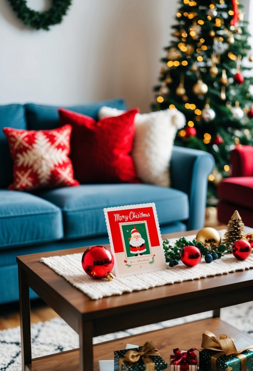 A cozy living room with a vintage Christmas postcard display on a coffee table surrounded by festive decorations