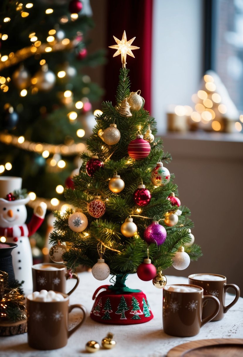 A small tabletop Christmas tree adorned with festive ornaments and twinkling lights, surrounded by holiday-themed decor and mugs of steaming hot cocoa