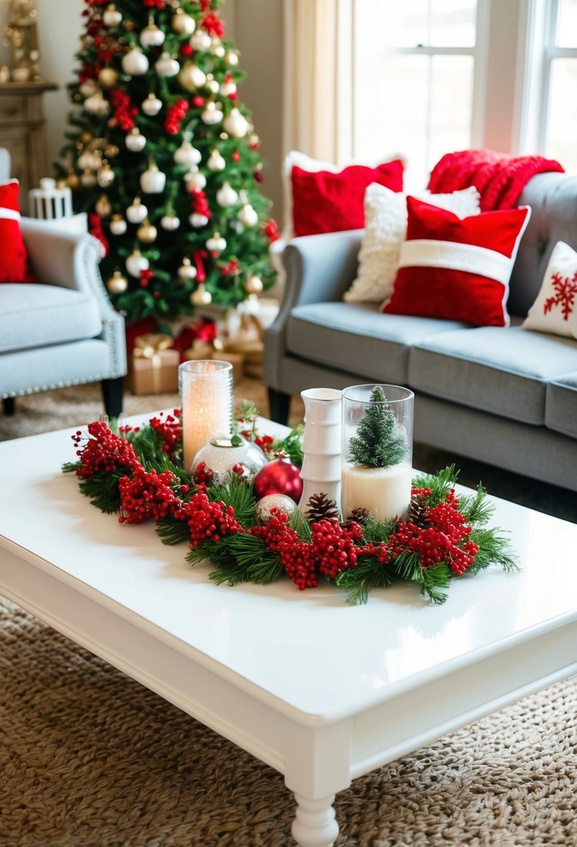 A white coffee table adorned with red berry accents, surrounded by various Christmas decor items