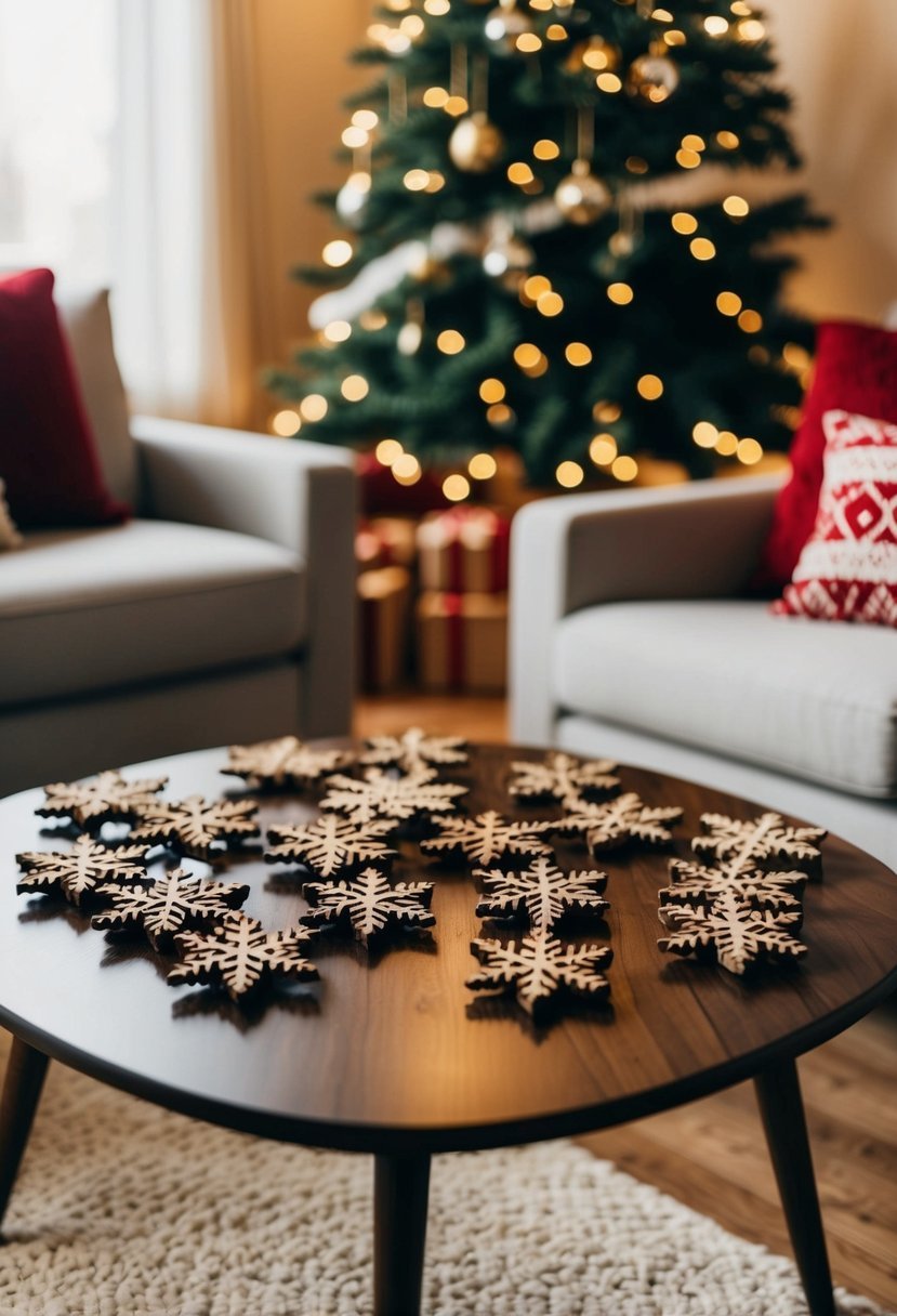 A coffee table adorned with 50 intricately carved wooden snowflakes, creating a festive and cozy holiday atmosphere