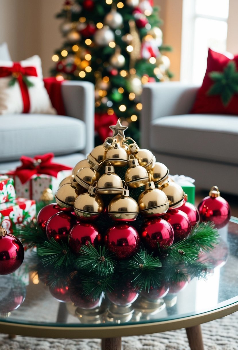 A coffee table adorned with jingle bell ornaments, surrounded by other festive decorations and holiday-themed items