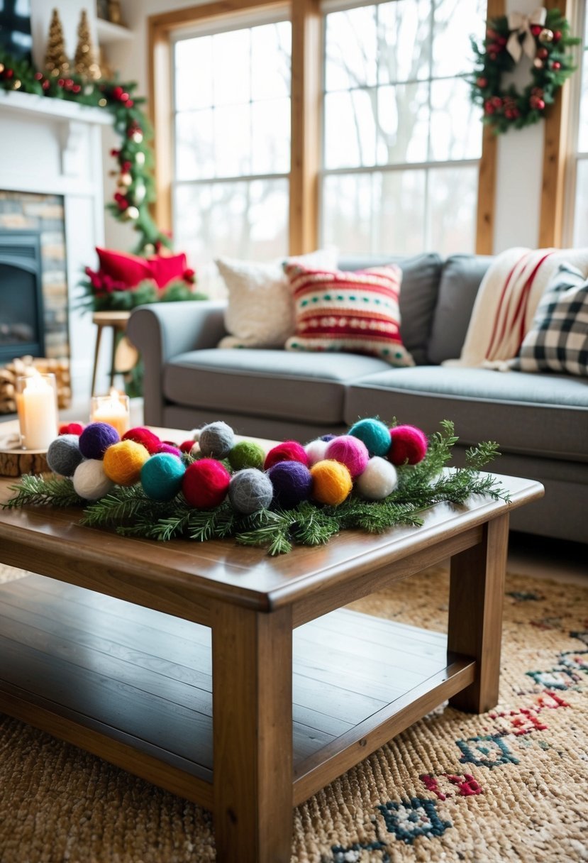 A cozy living room with a wooden coffee table adorned with a colorful wool felt ball garland, adding a festive touch to the holiday decor