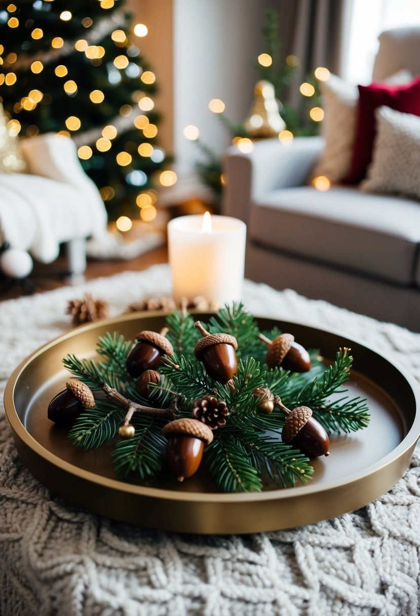 A cozy coffee table adorned with acorns and branches, surrounded by twinkling Christmas decorations