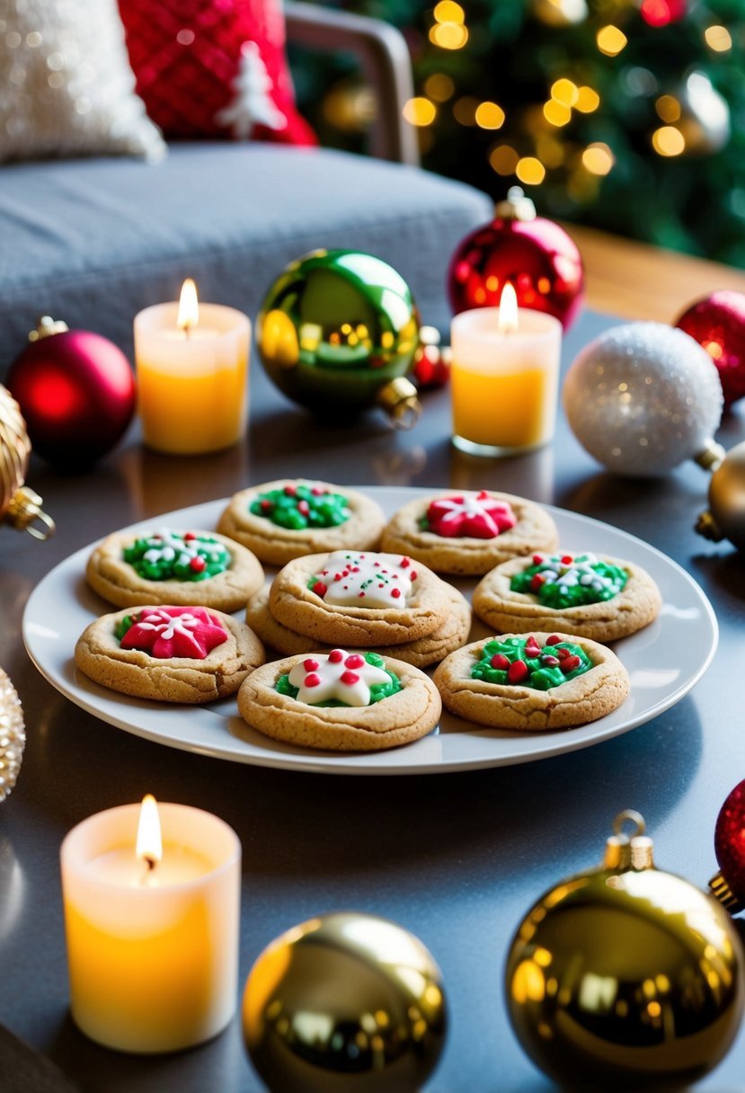 A plate of festive Christmas cookies surrounded by decorative ornaments and candles on a coffee table