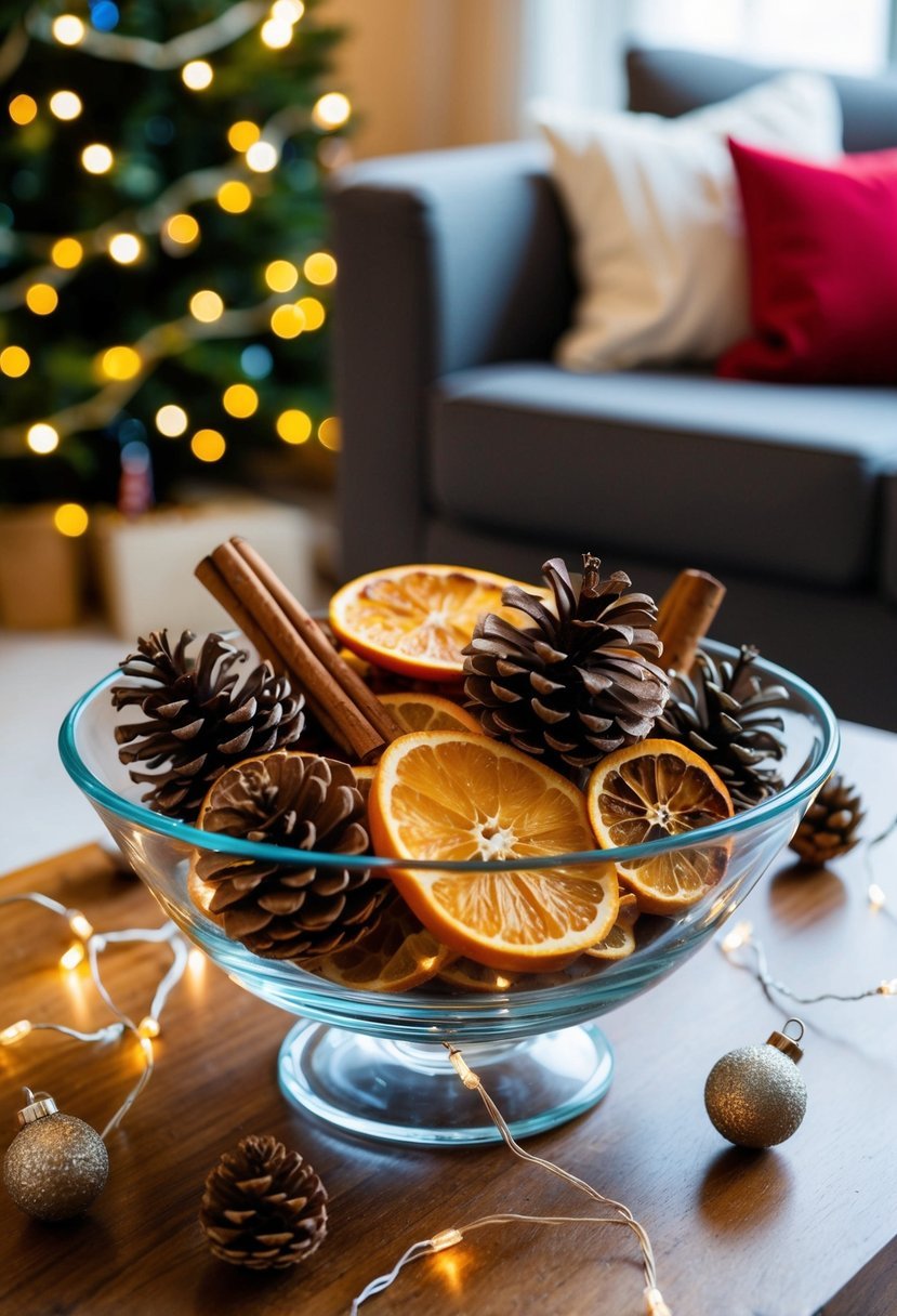 A glass bowl filled with pinecones, cinnamon sticks, and dried orange slices sits on a wooden coffee table, surrounded by twinkling fairy lights and small festive ornaments