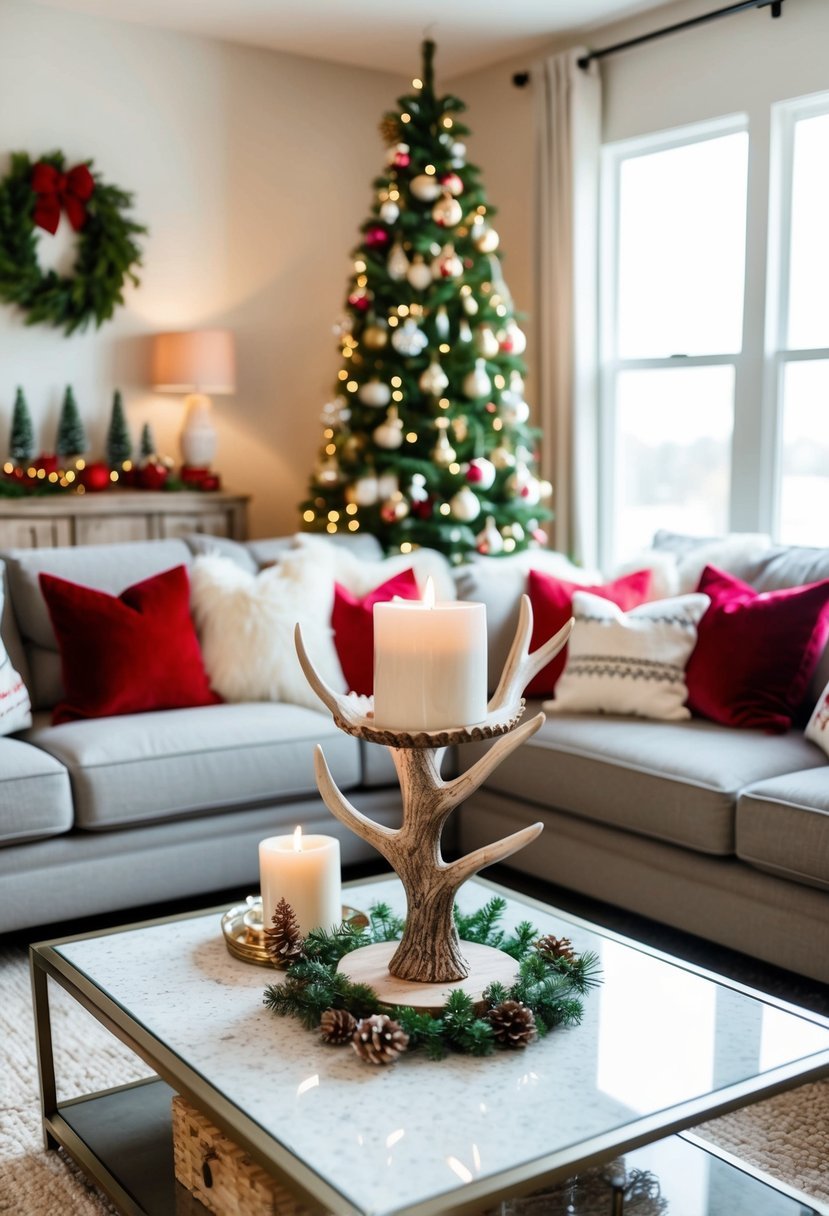 A cozy living room with a festive coffee table adorned with a faux antler candle stand and other Christmas decor