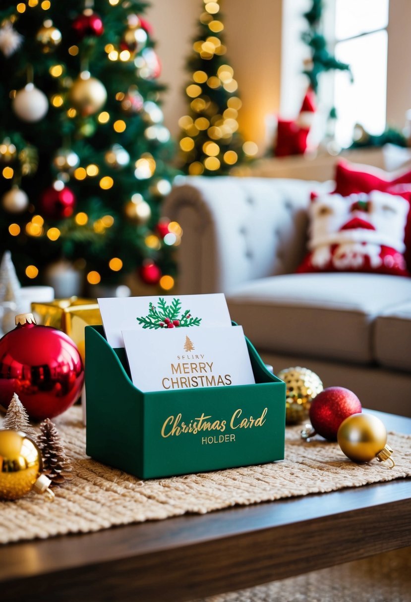 A festive coffee table with a Christmas card holder, surrounded by various holiday-themed decorations and ornaments