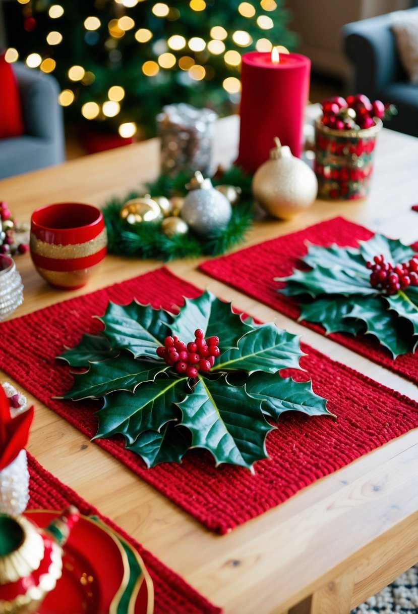 A festive coffee table set with holly leaf placemats, surrounded by various Christmas decor items