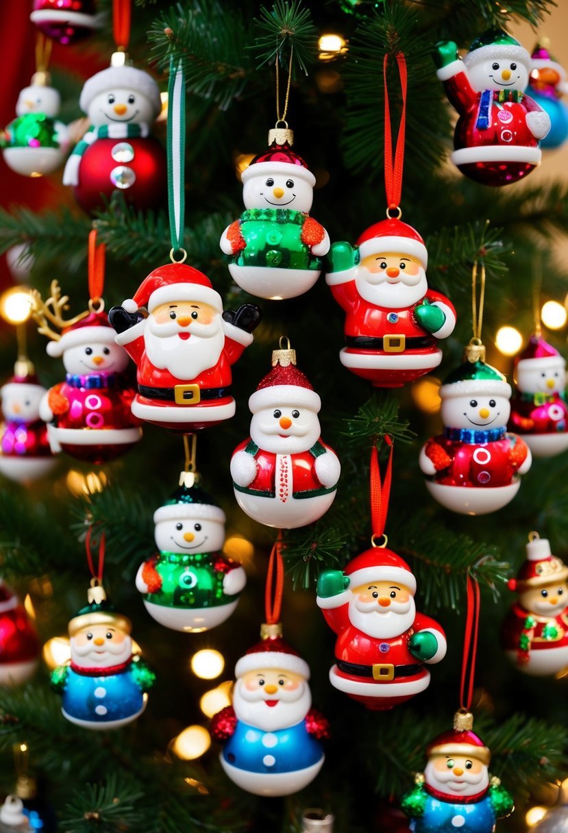 A colorful array of 25 comical Christmas ornaments, including Santa, reindeer, snowmen, and elves, hanging from a festively decorated tree