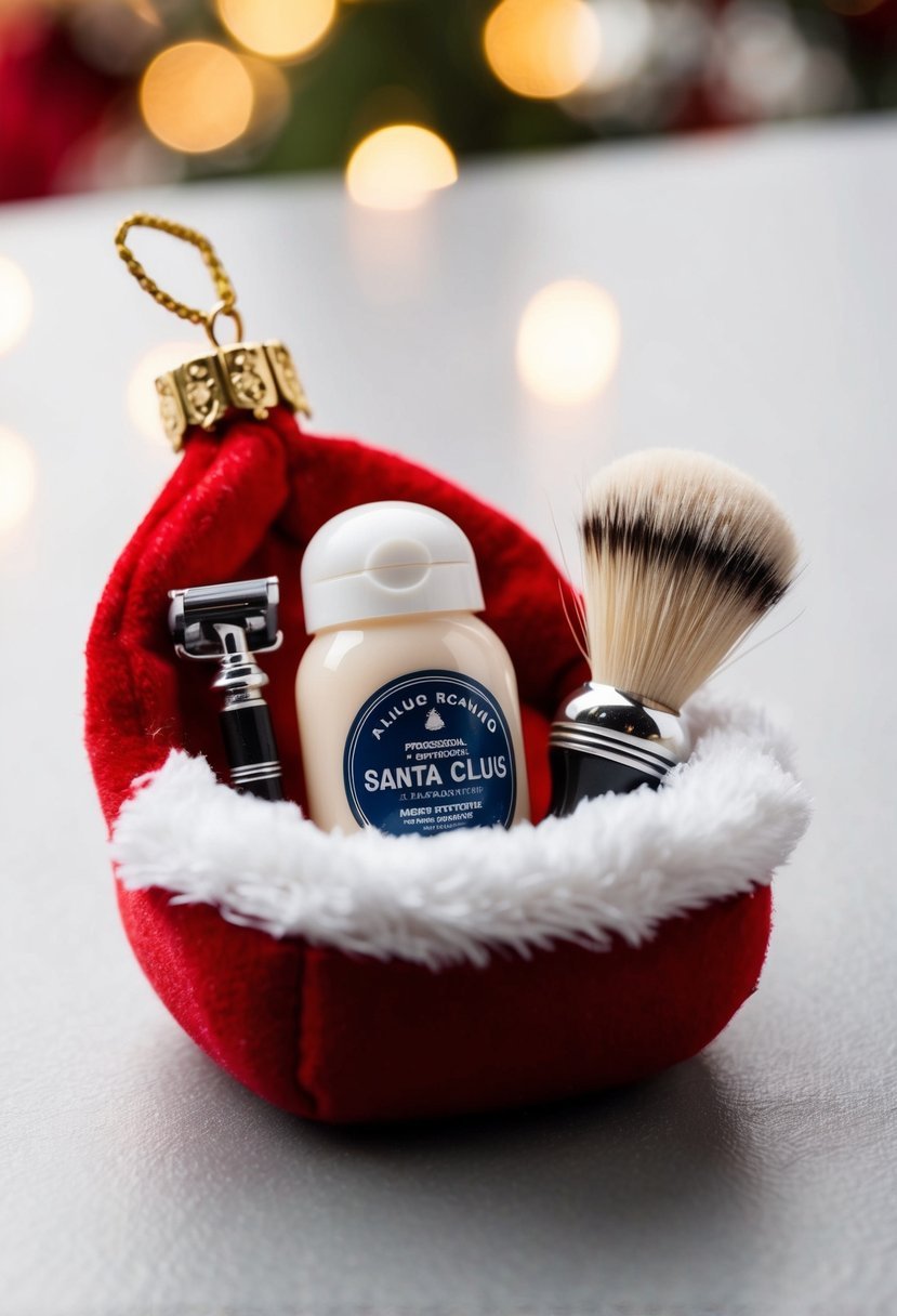 A miniature shaving kit with a tiny razor, brush, and shaving cream, all nestled inside a Santa Claus beard ornament