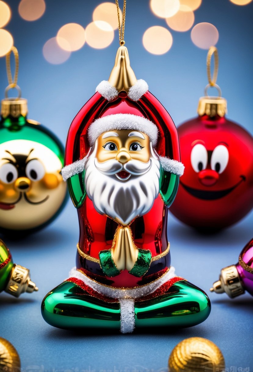 A jolly Santa ornament in a yoga pose, surrounded by other funny Christmas ornaments