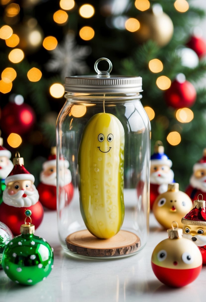 A glass jar ornament with a pickle inside, surrounded by 24 other humorous Christmas ornaments