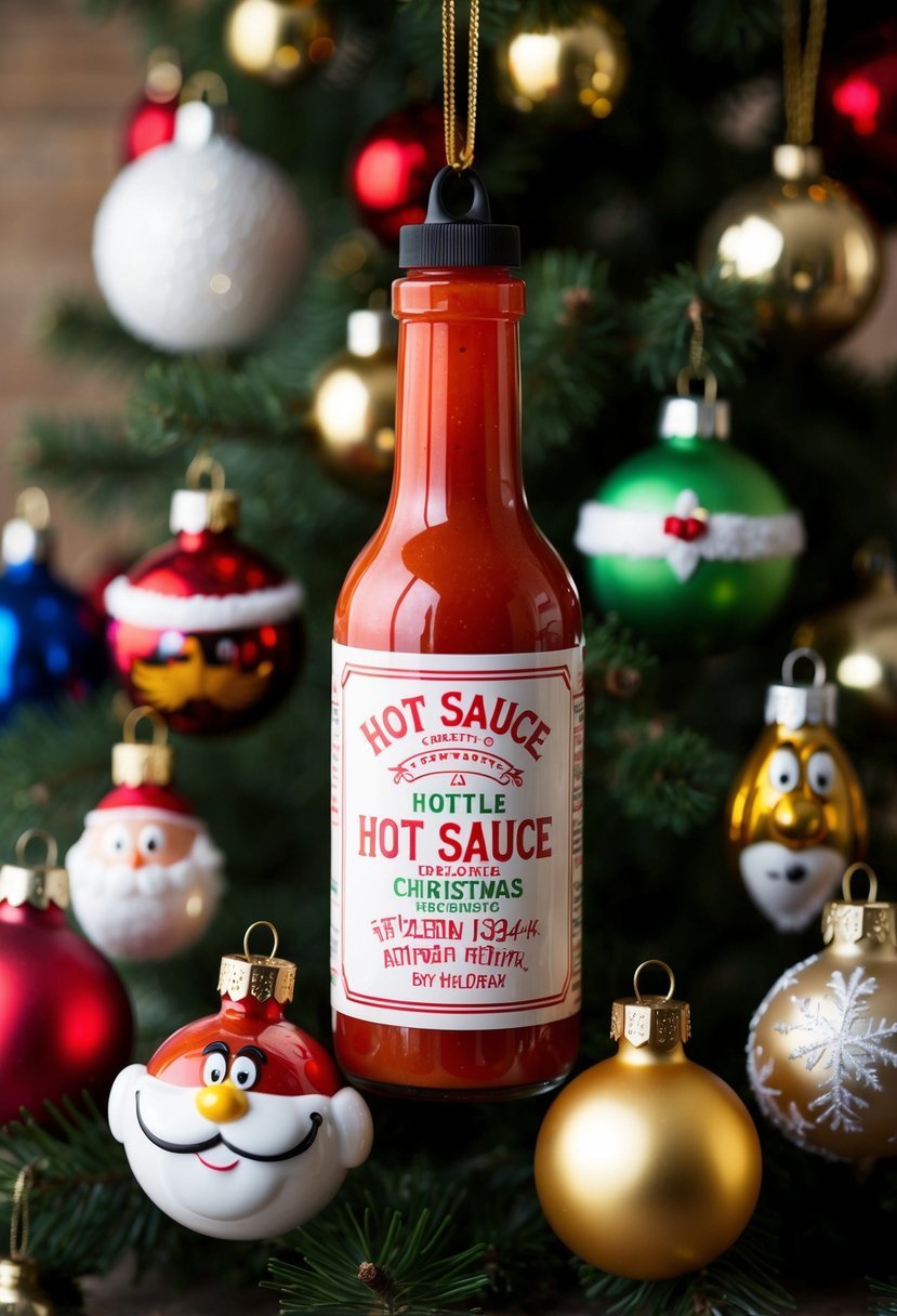 A hot sauce bottle-shaped ornament surrounded by 24 other comical Christmas decorations