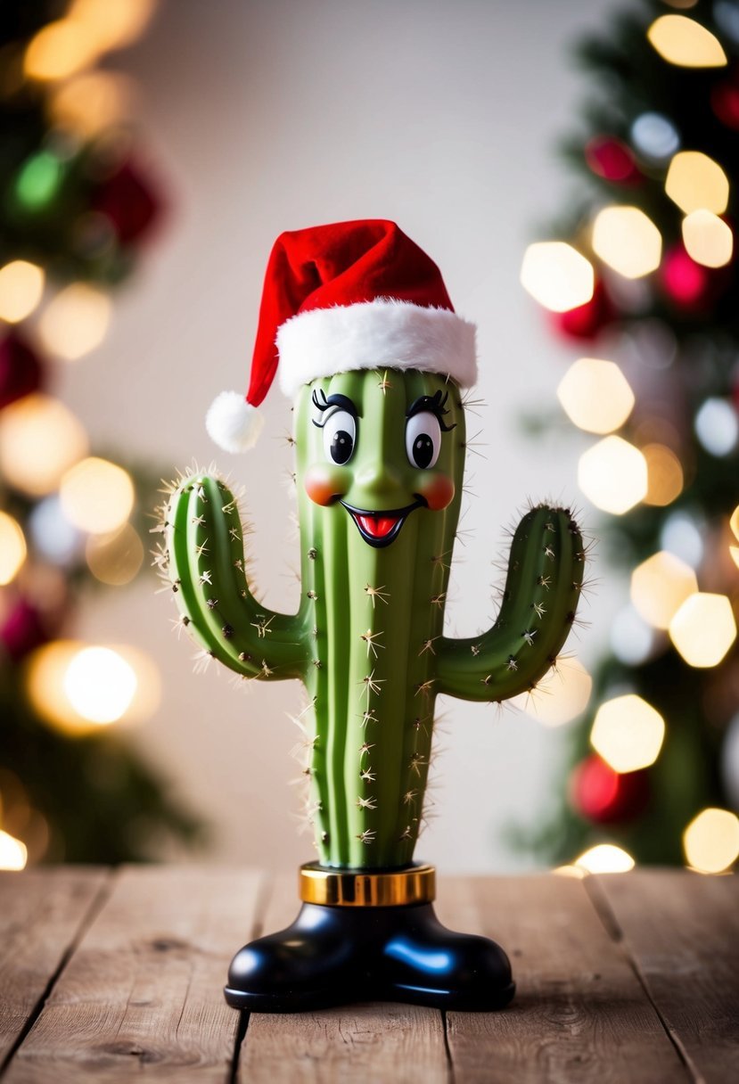 A cactus-shaped Christmas ornament with a comical expression, wearing a Santa hat and dancing with festive cheer