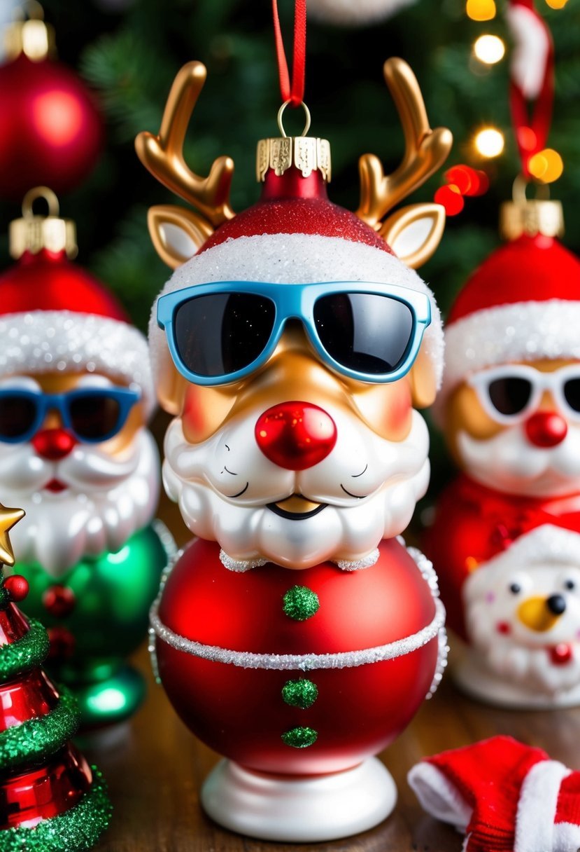 A whimsical Rudolph ornament wearing sunglasses among 24 other comical Christmas decorations