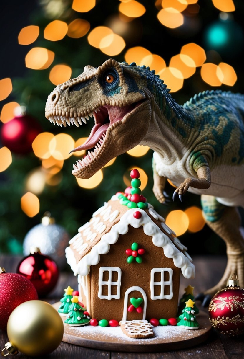 A dinosaur munching on a gingerbread house surrounded by 25 funny Christmas ornaments