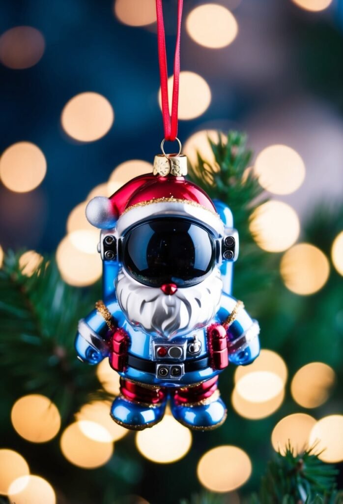 Santa astronaut surrounded by 25 humorous Christmas ornaments in space