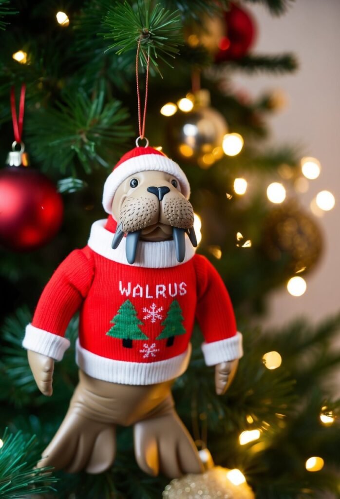 A walrus wearing a Christmas sweater surrounded by 25 funny Christmas ornaments