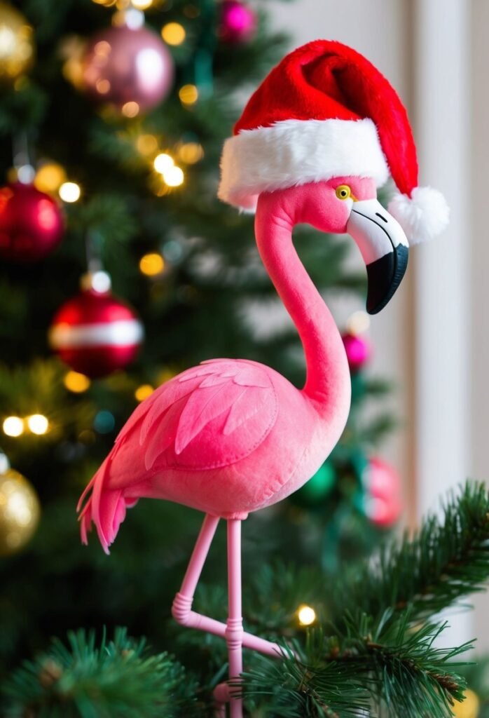 A flamingo wearing a Santa hat surrounded by 24 other whimsical Christmas ornaments