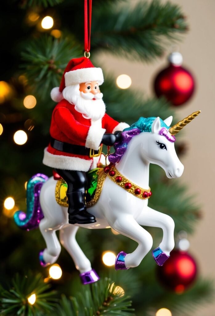 Santa joyfully rides a unicorn surrounded by 25 funny Christmas ornaments