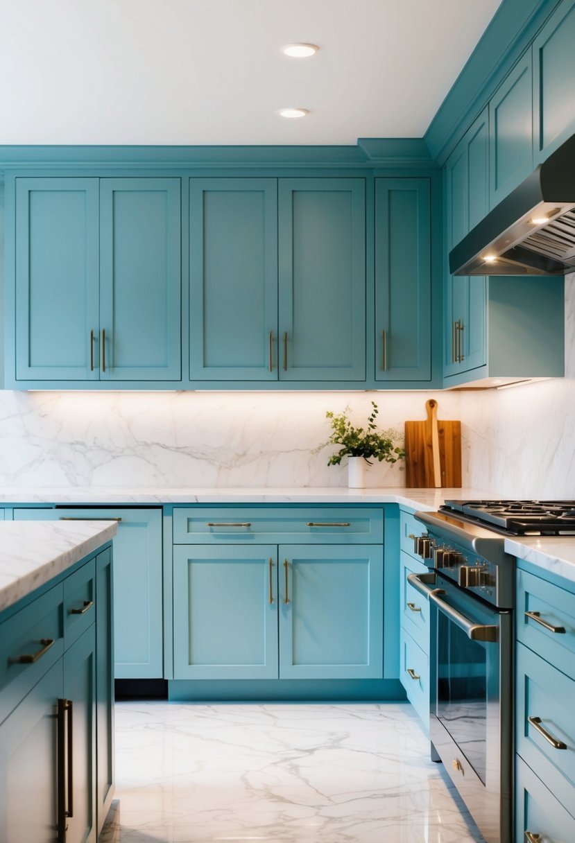 A modern kitchen with 20 light blue cabinets, sleek hardware, and marble countertops