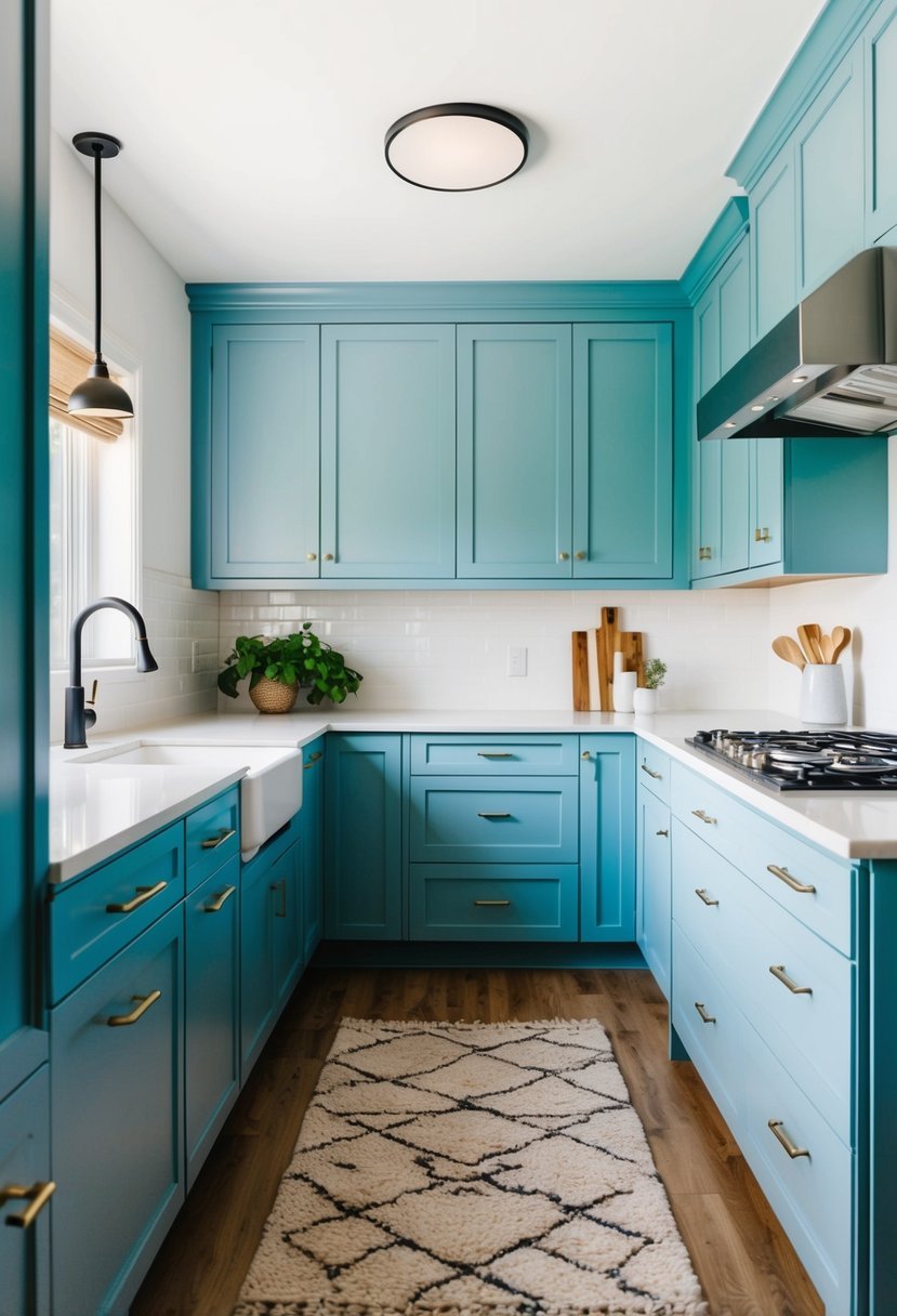 Icy blue shaker cabinets arranged in a modern kitchen with natural light