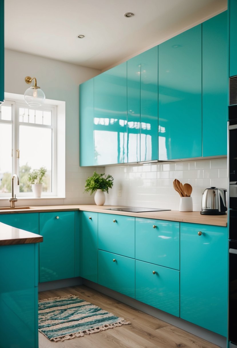 A modern kitchen with 20 light blue glossy cabinets in aqua marine