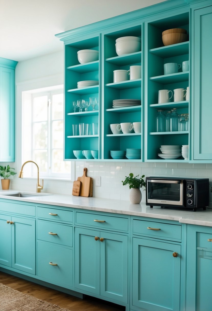 Pale cyan open shelving with 20 light blue kitchen cabinets