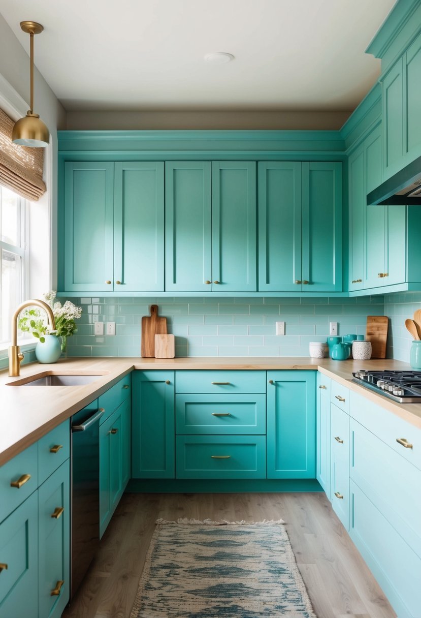 Soft teal custom cabinets fill a spacious, light-filled kitchen with 20 light blue cabinet ideas