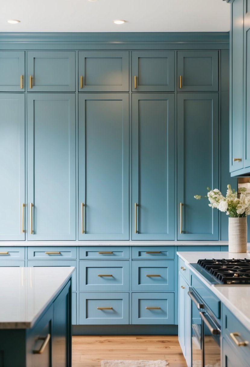 A modern kitchen with 20 powder blue cabinets featuring gold handles