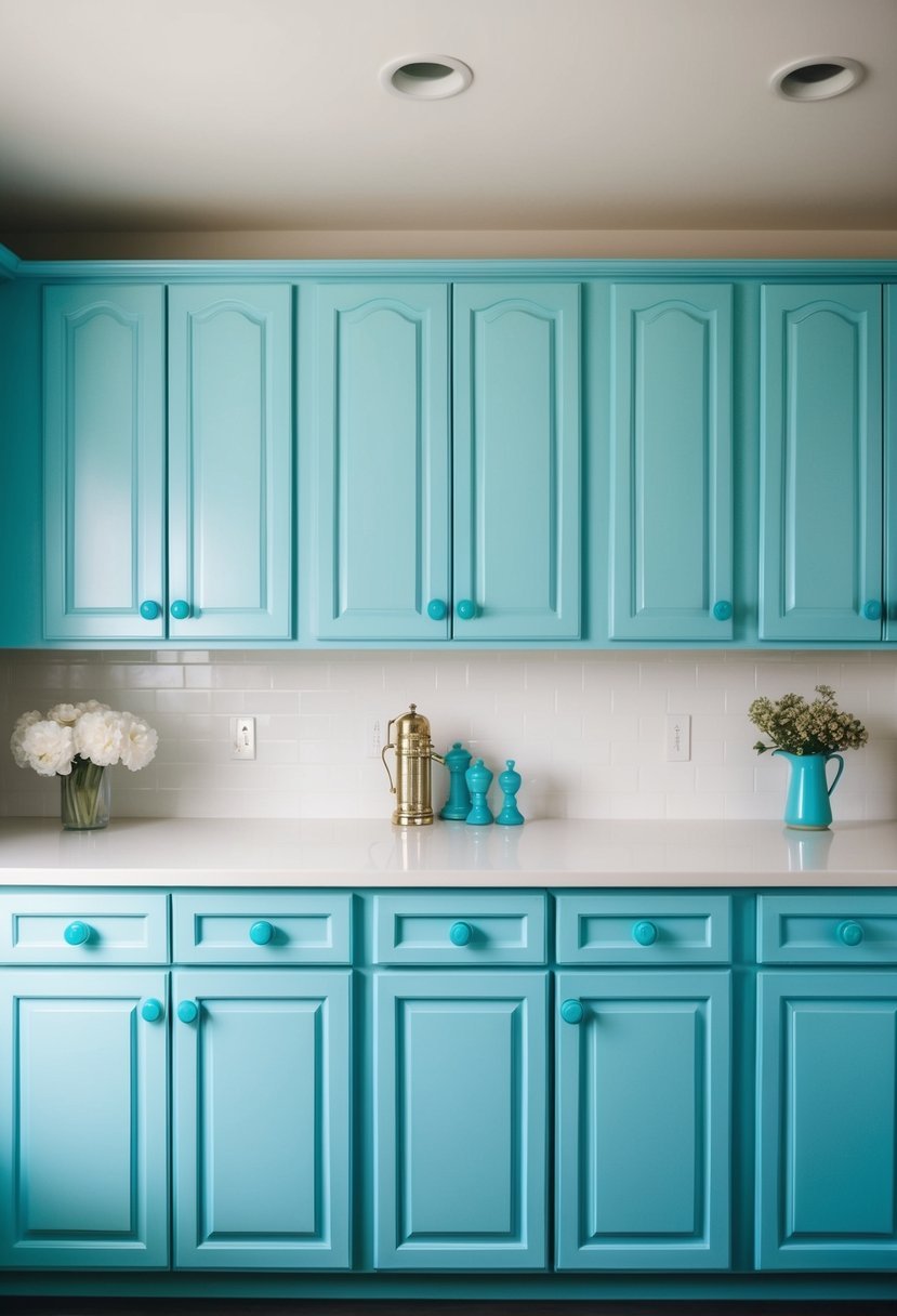 Twenty light blue kitchen cabinets with vintage turquoise knobs