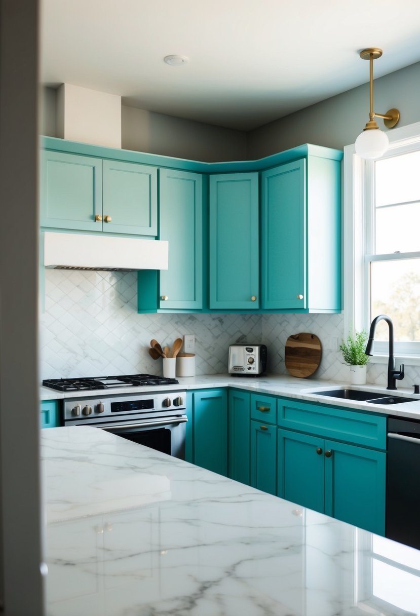 A modern kitchen with baby blue cabinets and marble countertops