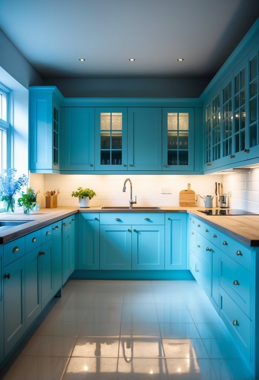 A spacious kitchen with 20 light blue cabinets and glass doors, illuminated by a soft blue light, creating a serene and elegant atmosphere