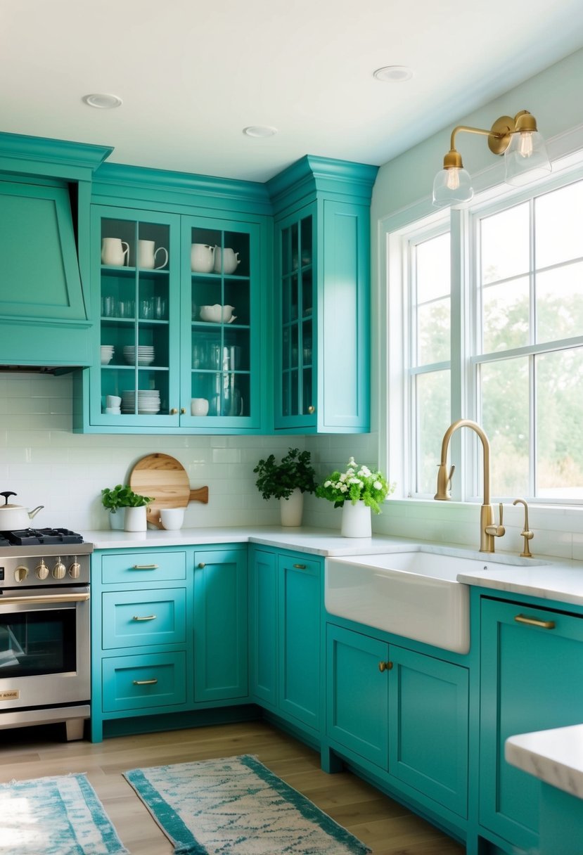 A spacious kitchen with periwinkle blue cabinets and white accents, flooded with natural light from large windows