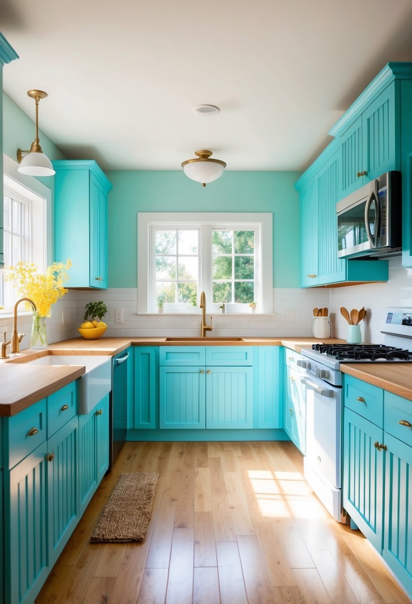 A bright, airy kitchen with robin's egg blue beadboard cabinets and 20 light blue cabinet doors