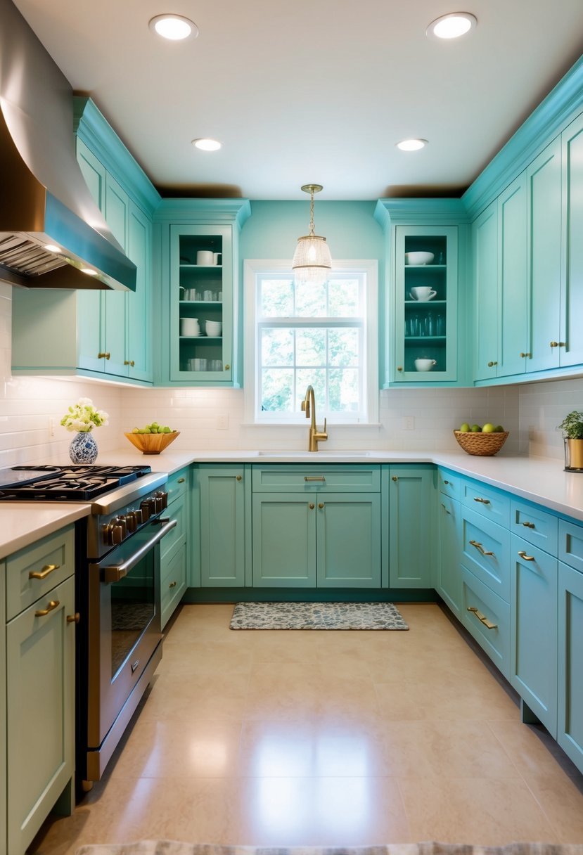 A spacious kitchen with 20 light blue cabinets, seafoam accents, and transitional design