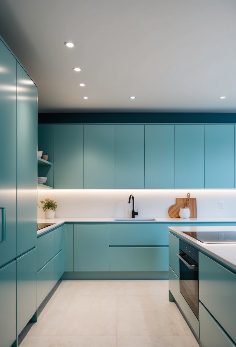 A sleek, modern kitchen with 20 pale azure cabinets, minimalist design