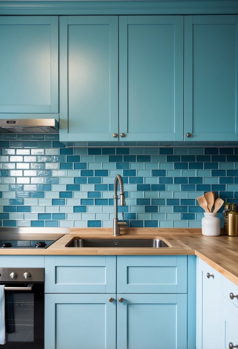 A modern kitchen with 20 light blue cabinets and a subway tile backsplash in cool blue tones