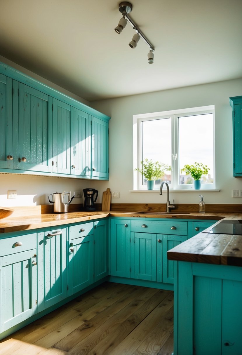 A bright kitchen with 20 light blue reclaimed wood cabinets, sunlight streaming in, and dewdrops glistening on the wooden surfaces