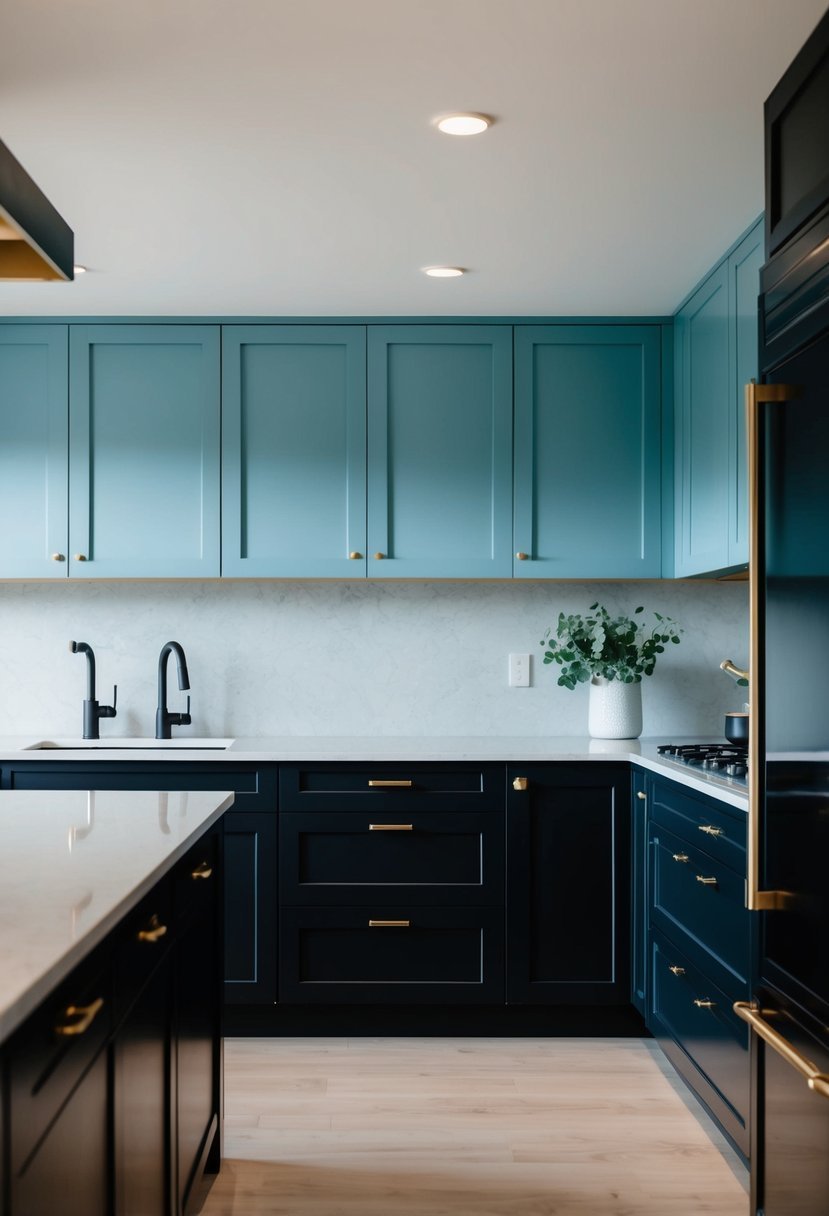 A modern kitchen with misty blue cabinets and black accents, illuminated by natural light