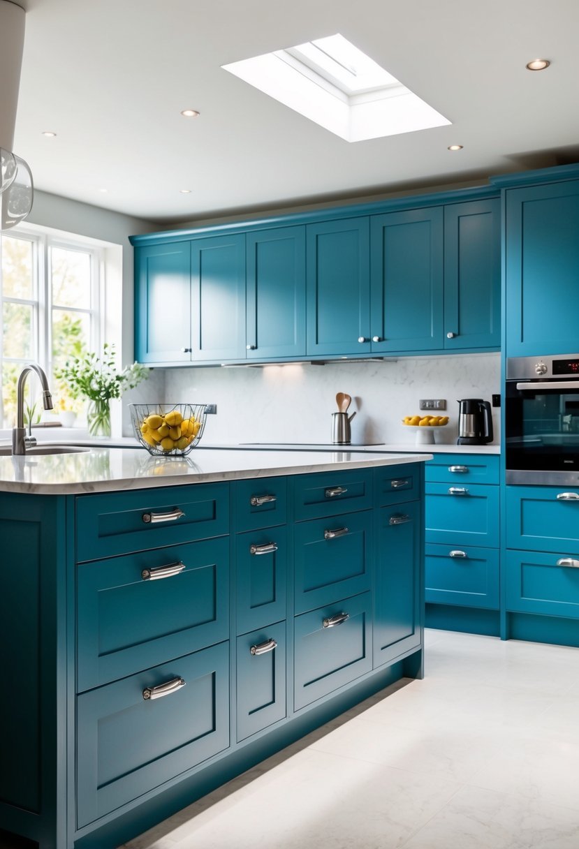 A sleek, modern kitchen with cornflower blue cabinets and silver hardware, flooded with natural light