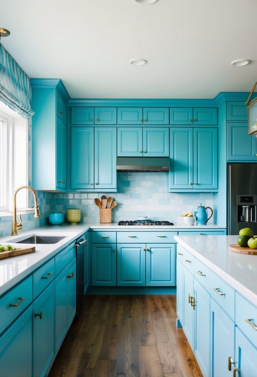 A spacious kitchen with 20 light blue cabinets and a celestial blue color scheme