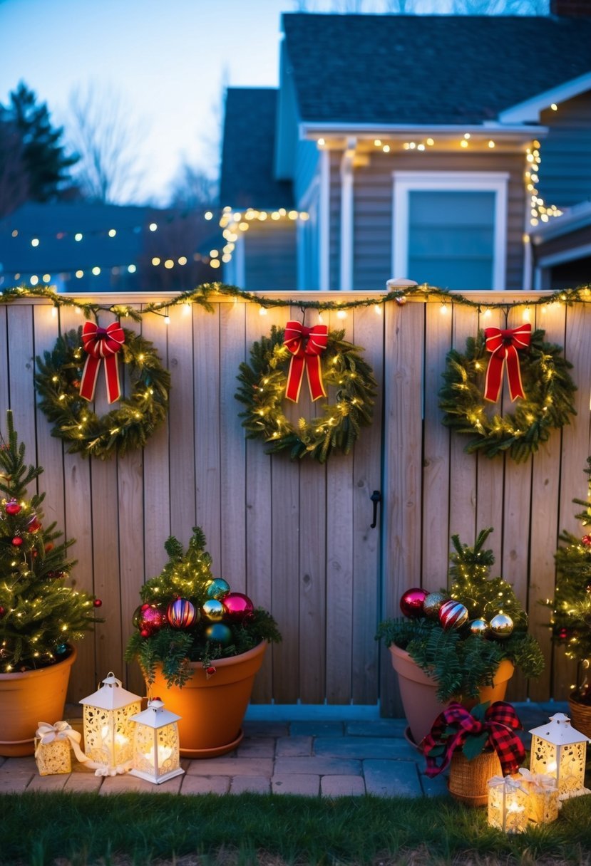 A cozy backyard filled with twinkling lights, wreaths on the fence, and potted plants adorned with festive ribbons and ornaments