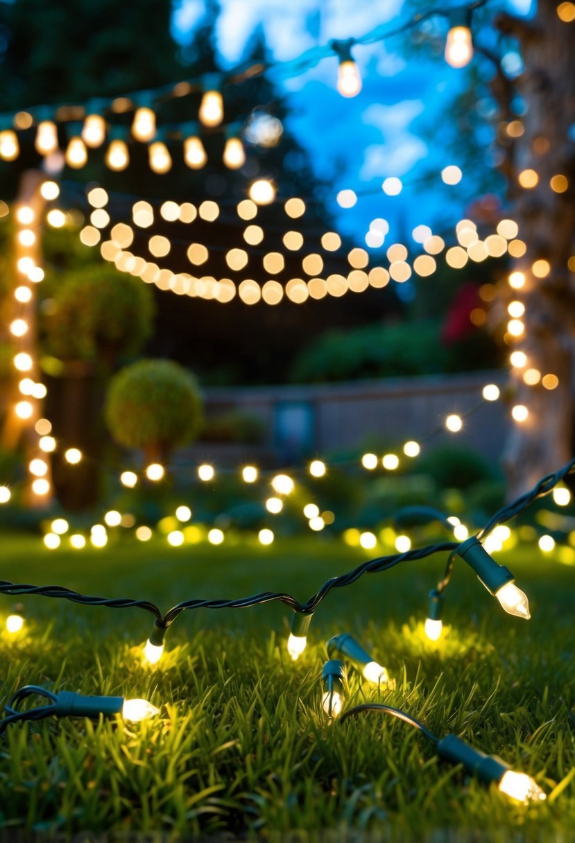 A garden adorned with LED fairy string lights, creating a magical and festive atmosphere for Christmas